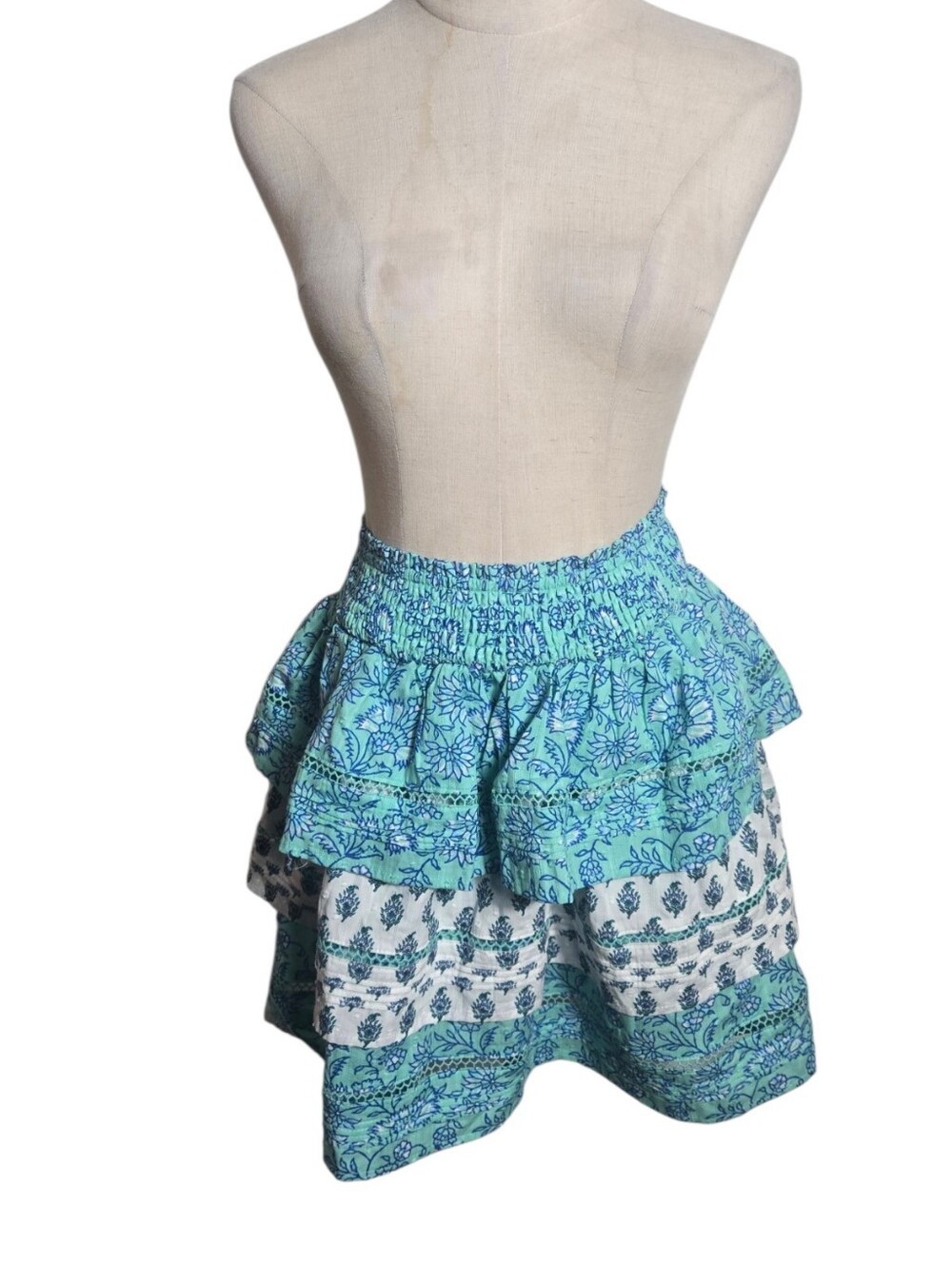 Roller Rabbit Blue Floral Tiered Smocked-Waist Skirt